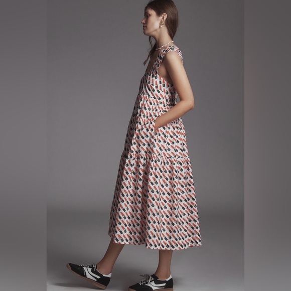 NWT Anthropologie The Helena Square-Neck Smocked Tiered Midi Dress Sz M - Picture 2 of 10